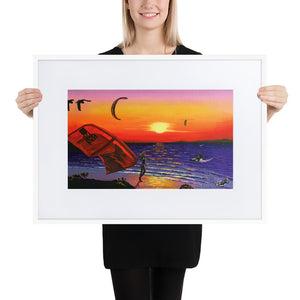 Tarifa Sunset Kitesurfer - Matte Paper Framed Poster With Mat